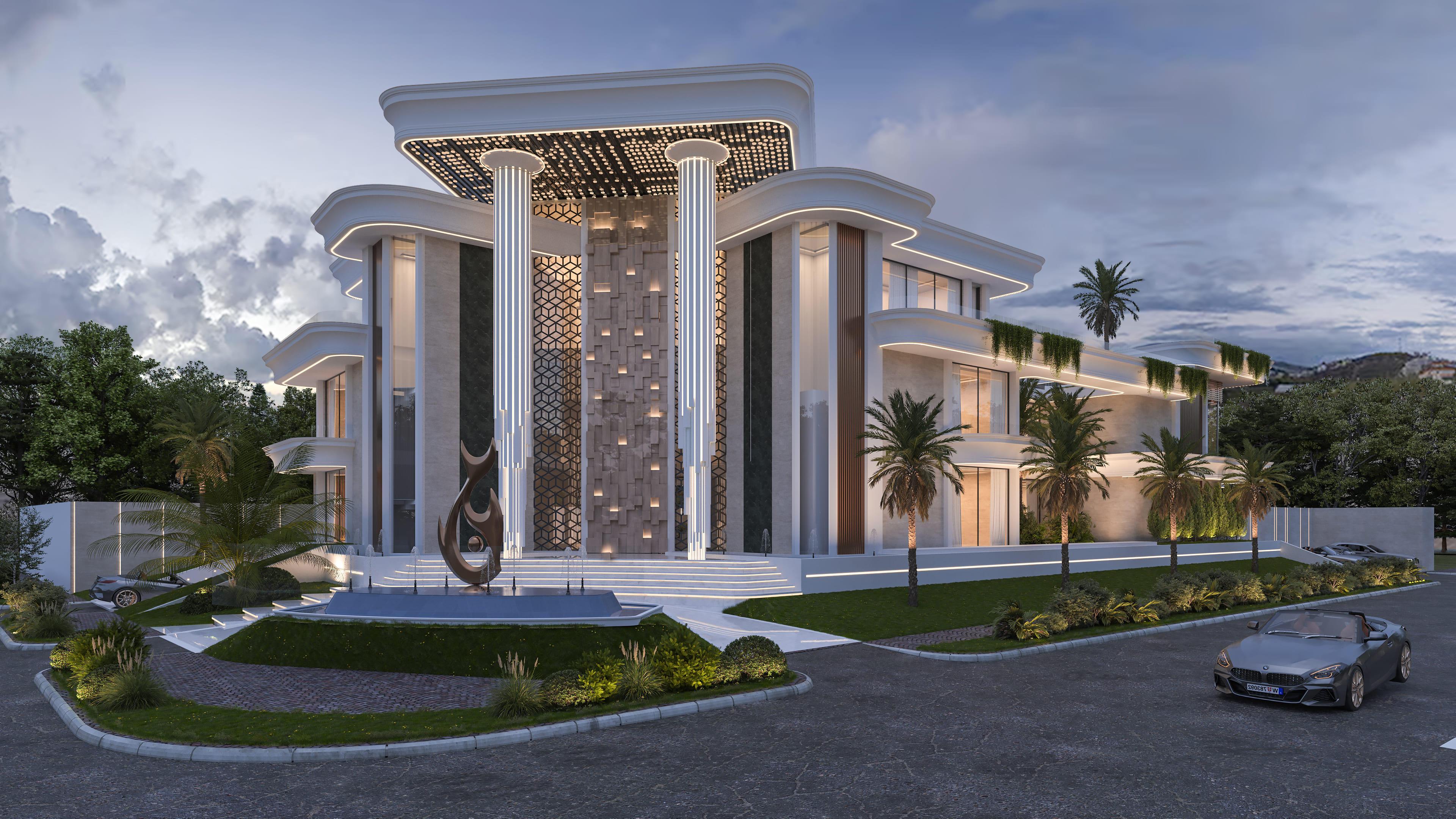 Luxury villa RPM in Dubai Hills Estate with modern architecture, large windows, and a lush green landscape.