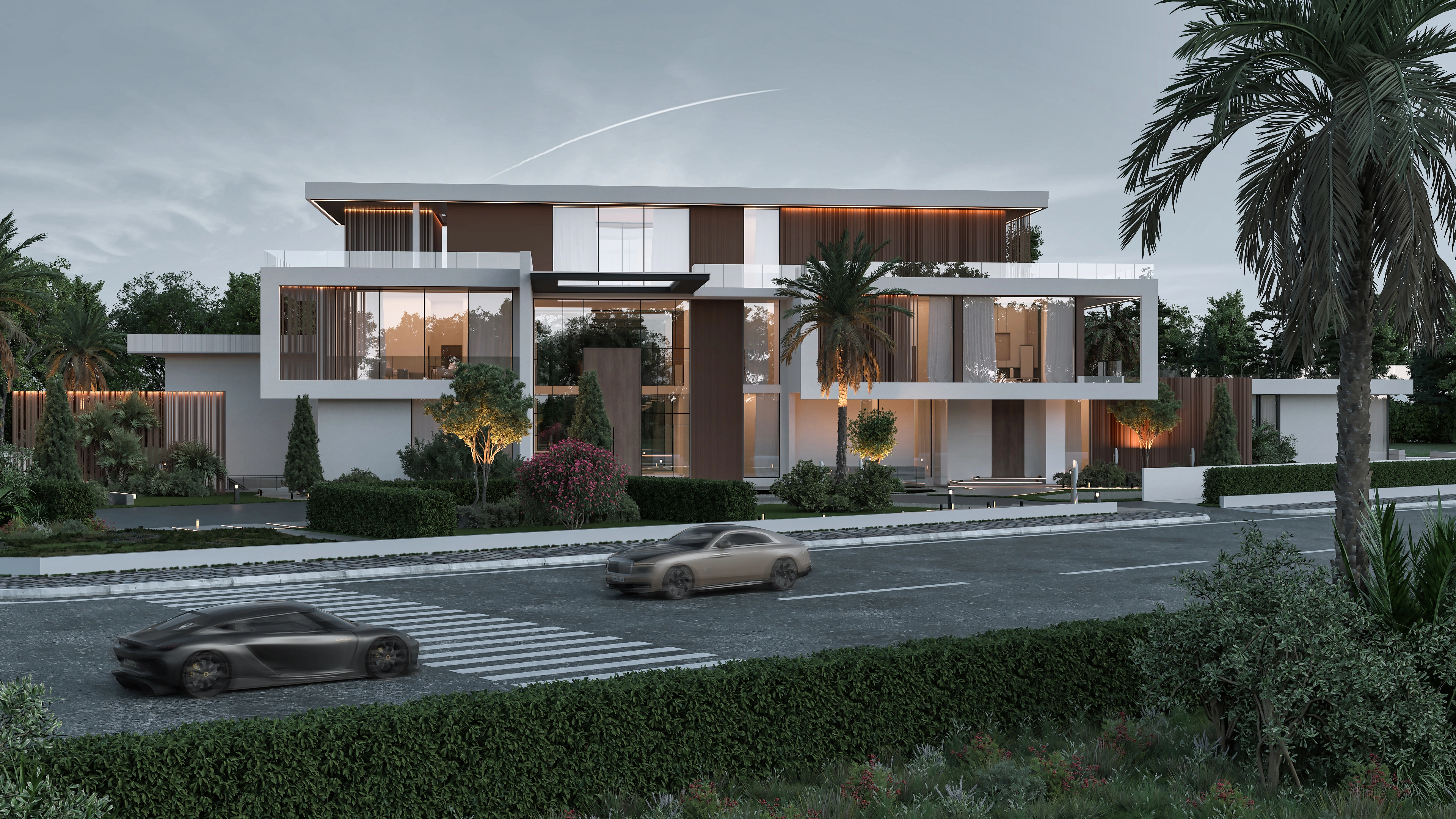 Modern villa NOR in Nad Al Sheba, Dubai, with eco-friendly design, large windows, and sleek contemporary architecture.