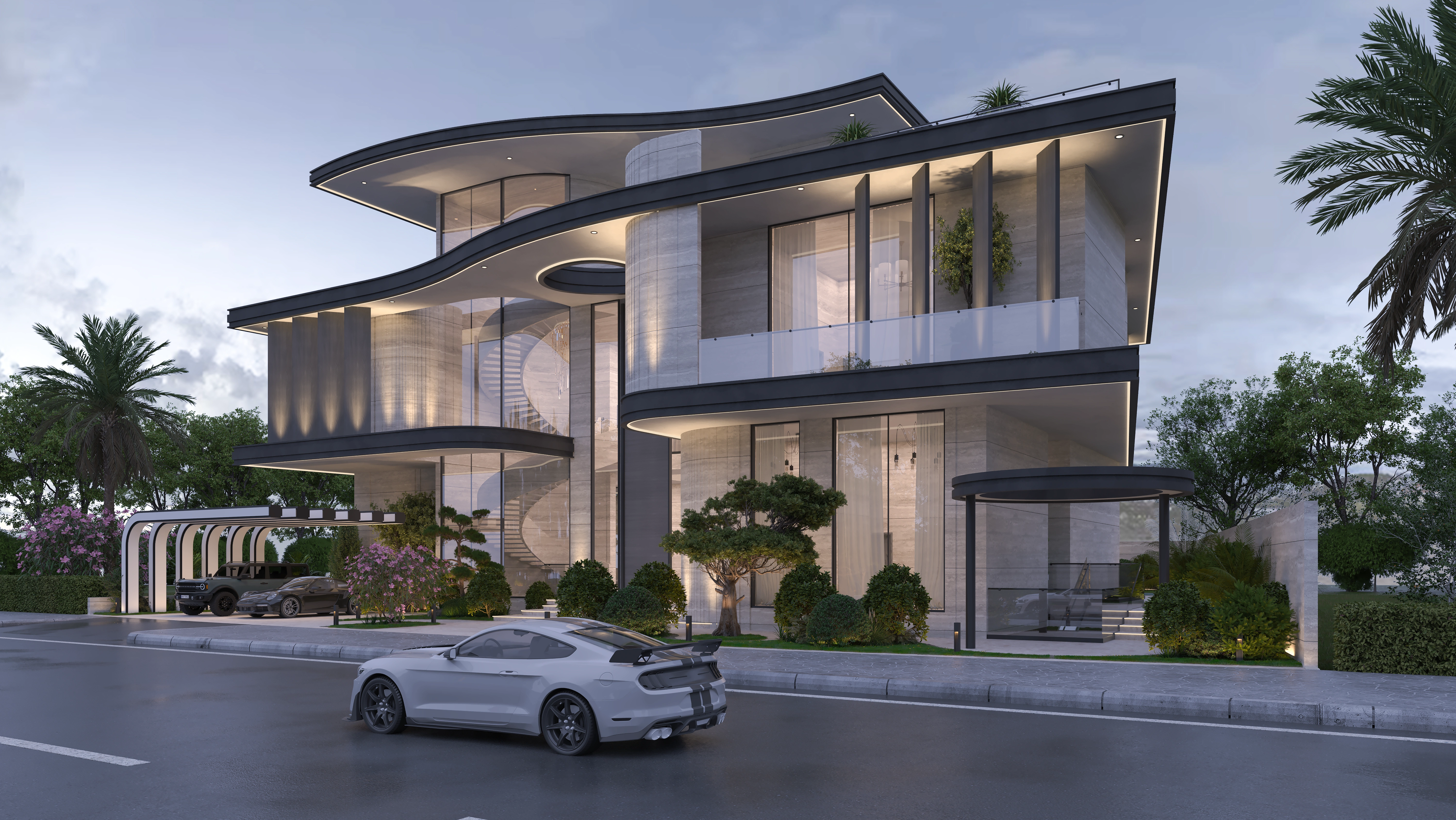"Modern villa CD7 in Dubai with eco-friendly design, large windows, and a sleek architectural style."