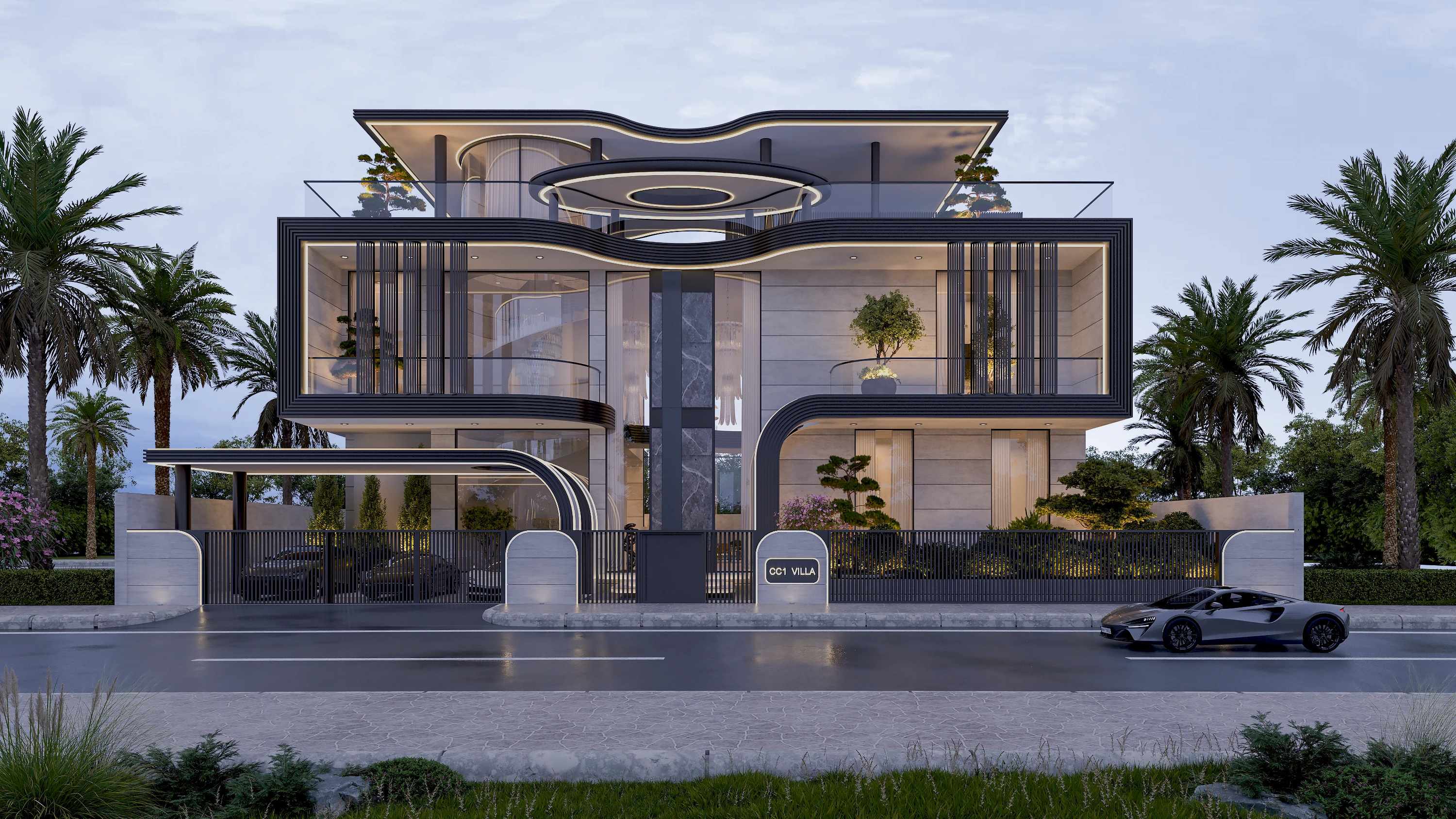 "Interior of luxury Villa Infinity - CC1 in Dubai showcasing custom furniture and modern lighting design."