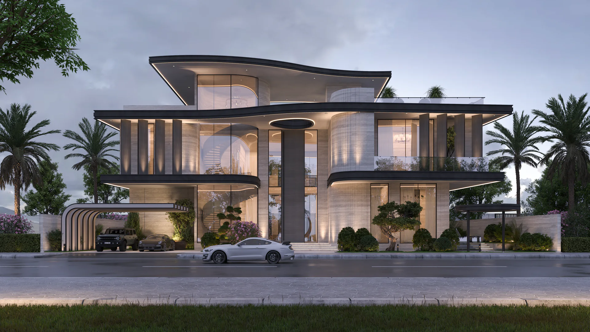 "Modern villa CD7 in Dubai with eco-friendly design, large windows, and a sleek architectural style."