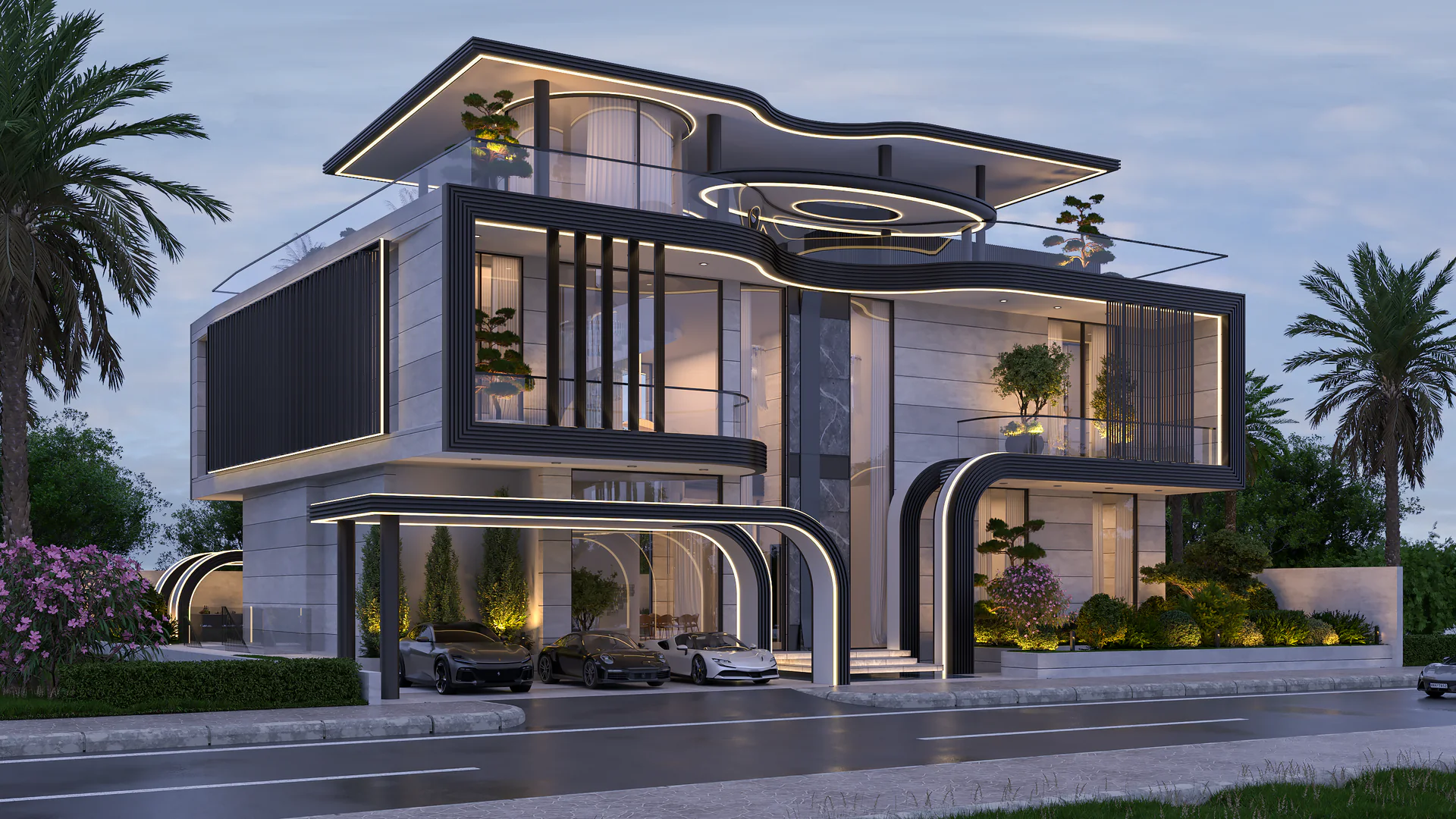 "Interior of luxury Villa Infinity - CC1 in Dubai showcasing custom furniture and modern lighting design."