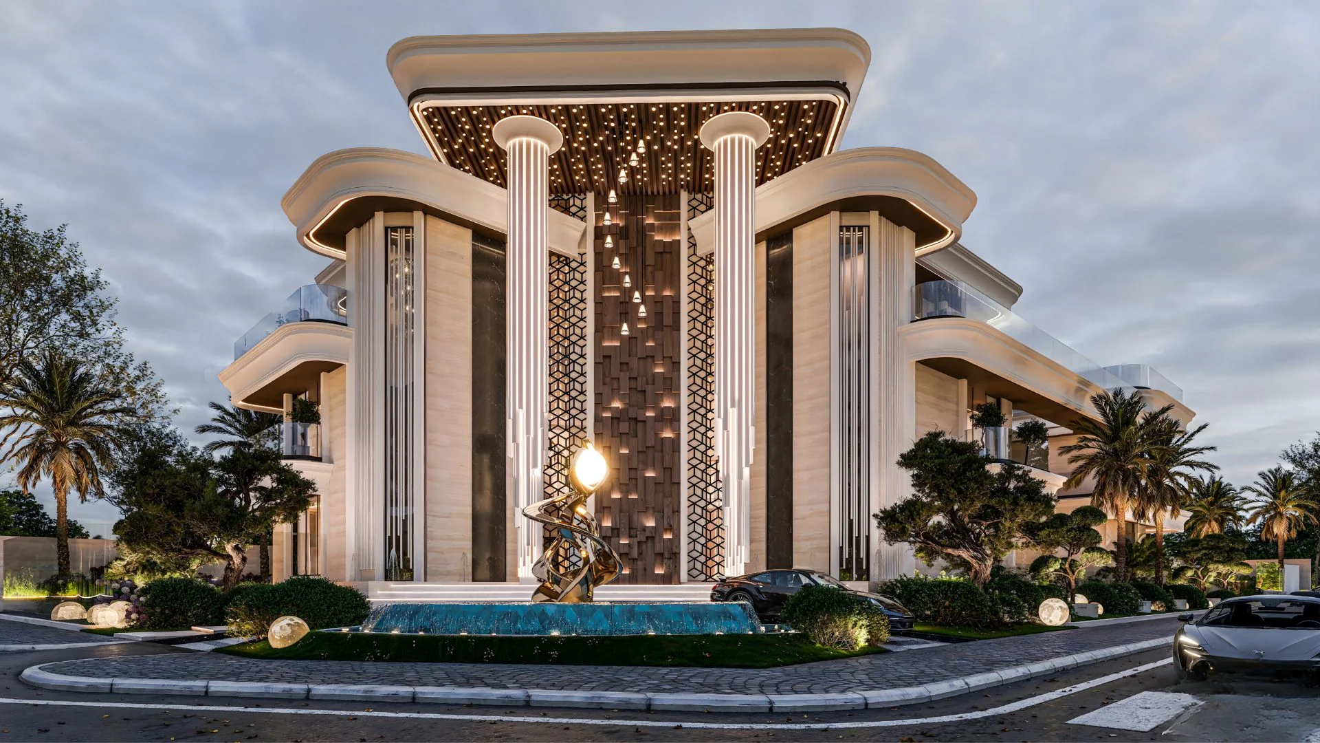 Luxury villa RPM in Dubai Hills Estate with modern architecture, large windows, and a lush green landscape.