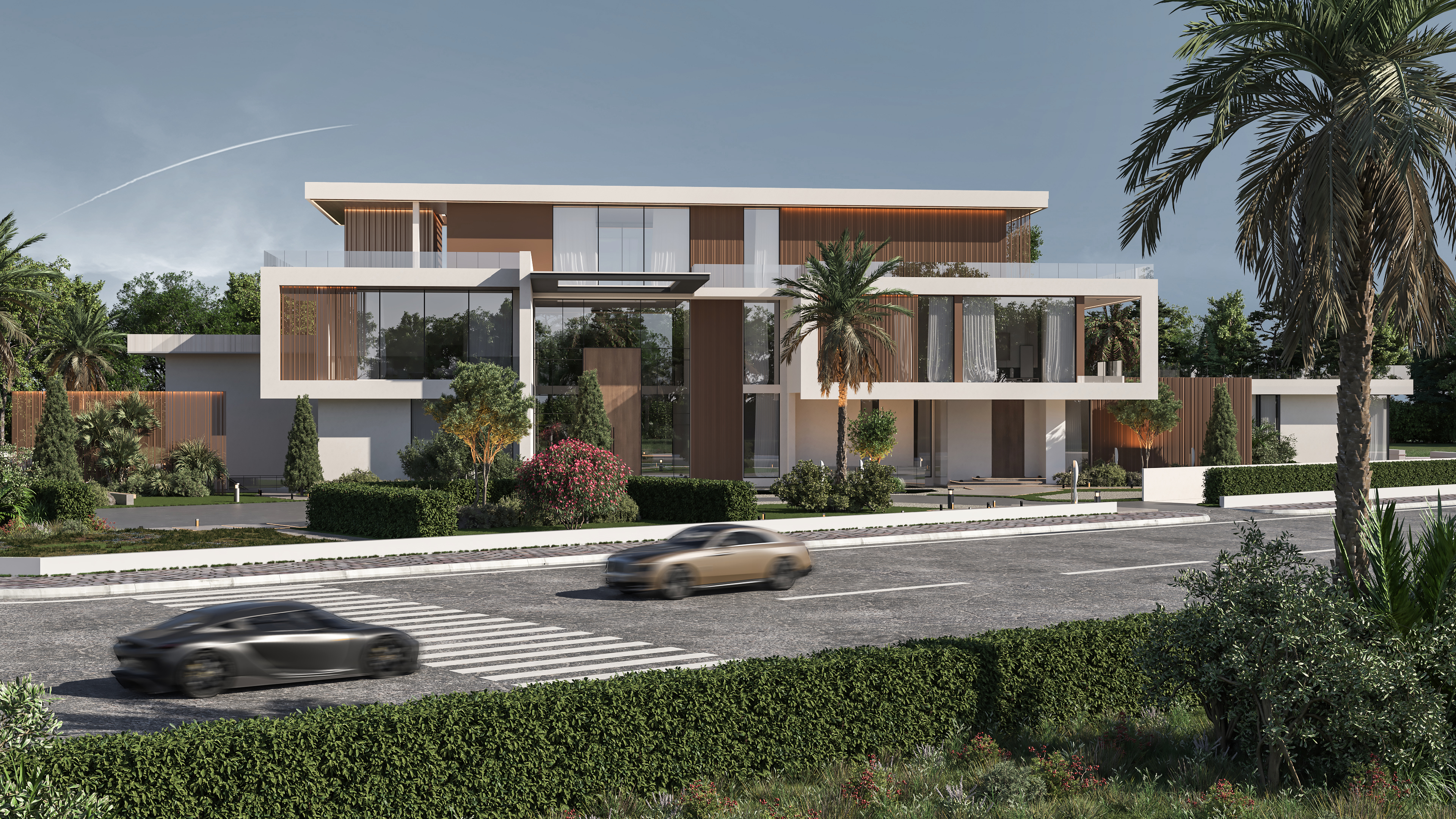Modern villa NOR in Nad Al Sheba, Dubai, with eco-friendly design, large windows, and sleek contemporary architecture.